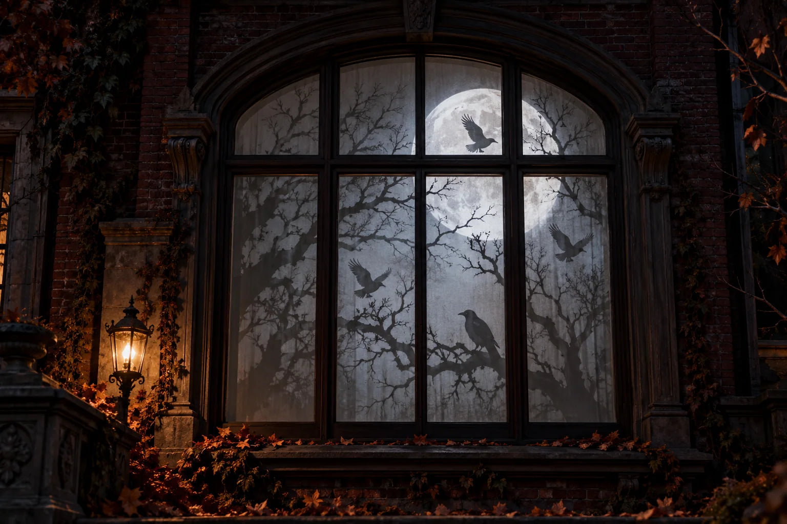Moon and raven silhouettes projected in an arched window