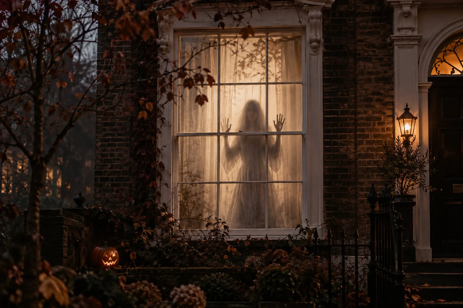 Ghostly silhouette projected in a townhouse window