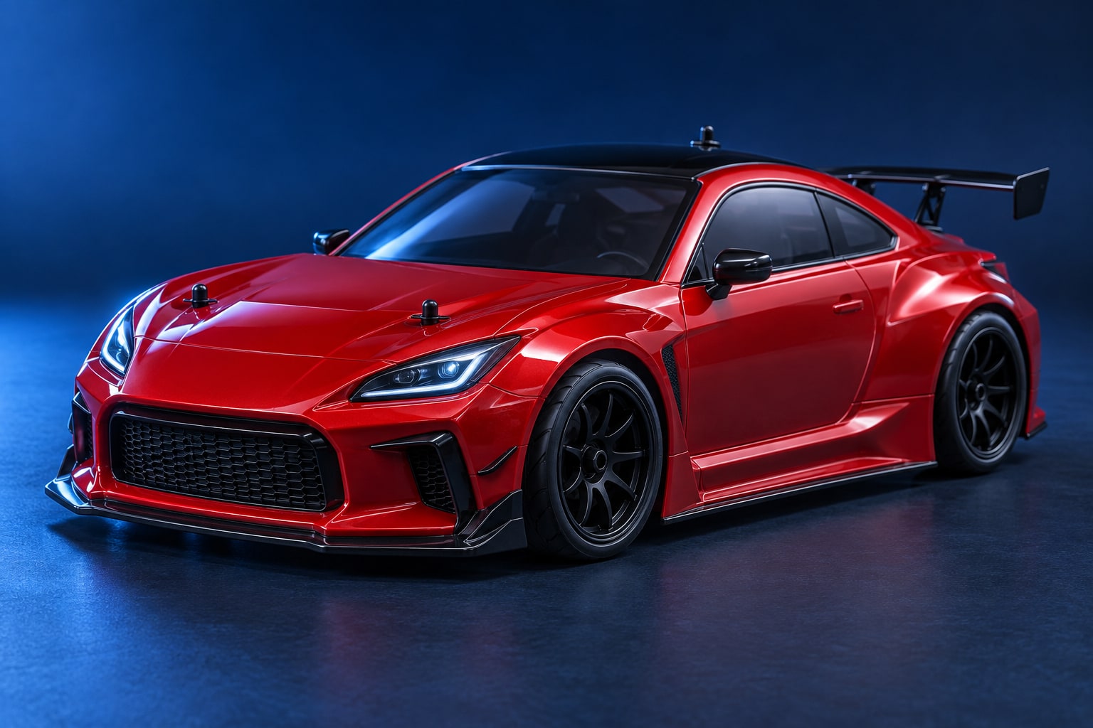 A red RC coupe against a blue backdrop